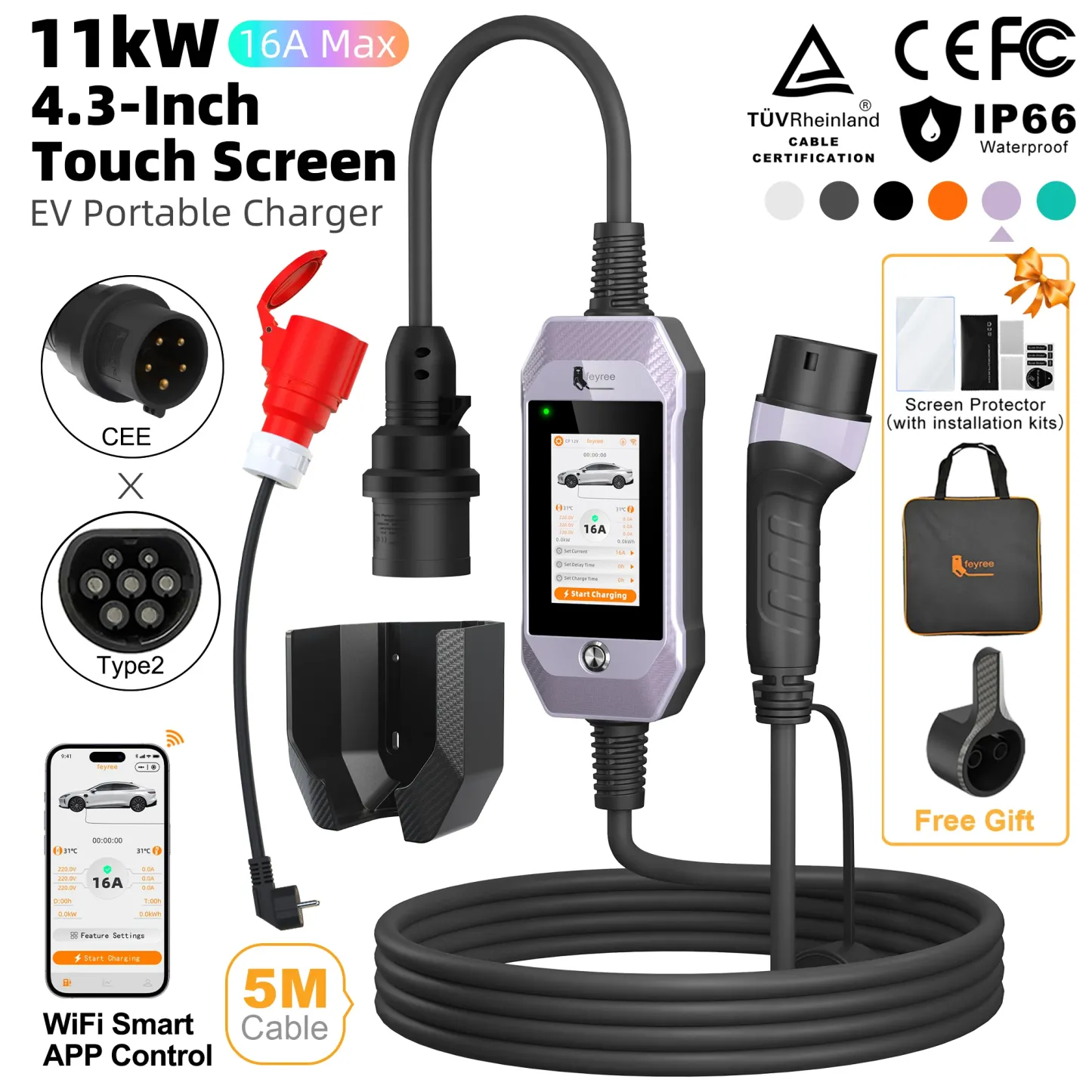 feyree Portable EV Charger 11kW 16A 3P Fast Charging Type2 Socket 4.3inch Touch Screen Design Smart WIFI APP Control AC Charger