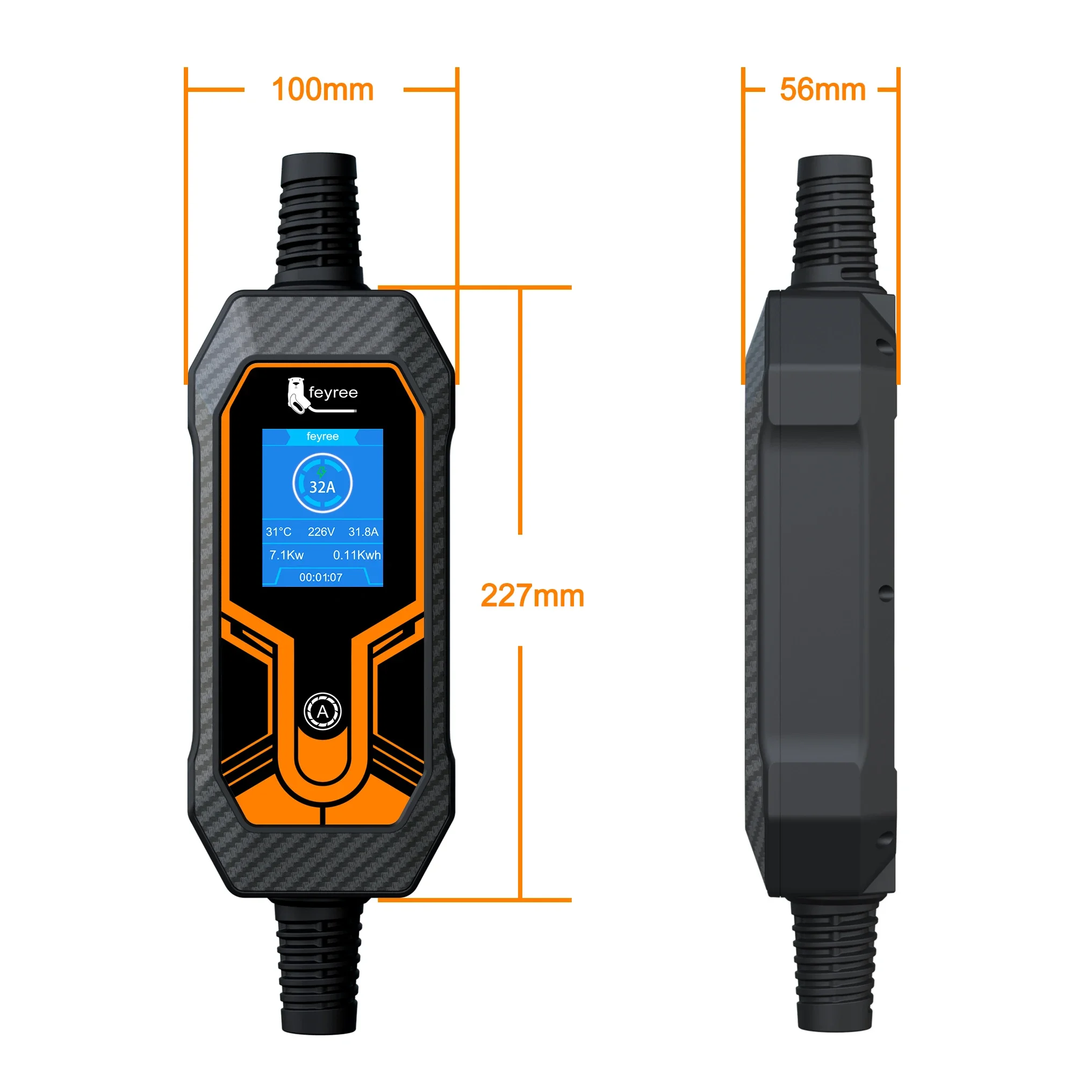 Compact, portable EV charger control box with 7.1kW, 32A display and dimensions (227mm x 100mm) for easy travel.