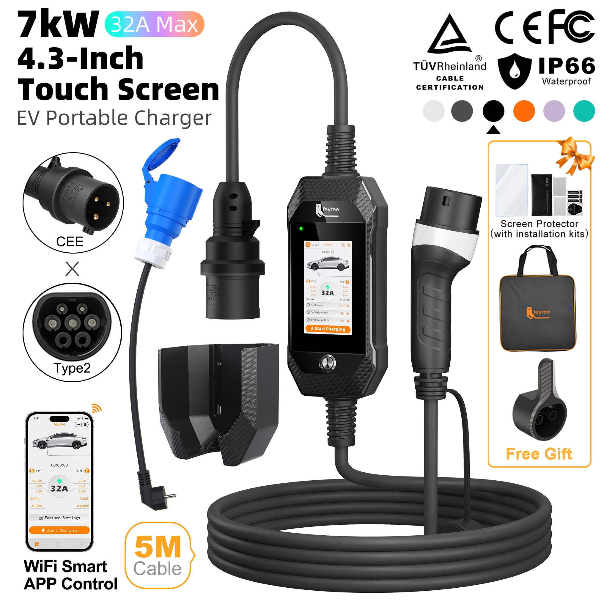 feyree 4.3 Inch 7kW Touch Screen Type2 Portable Charger 