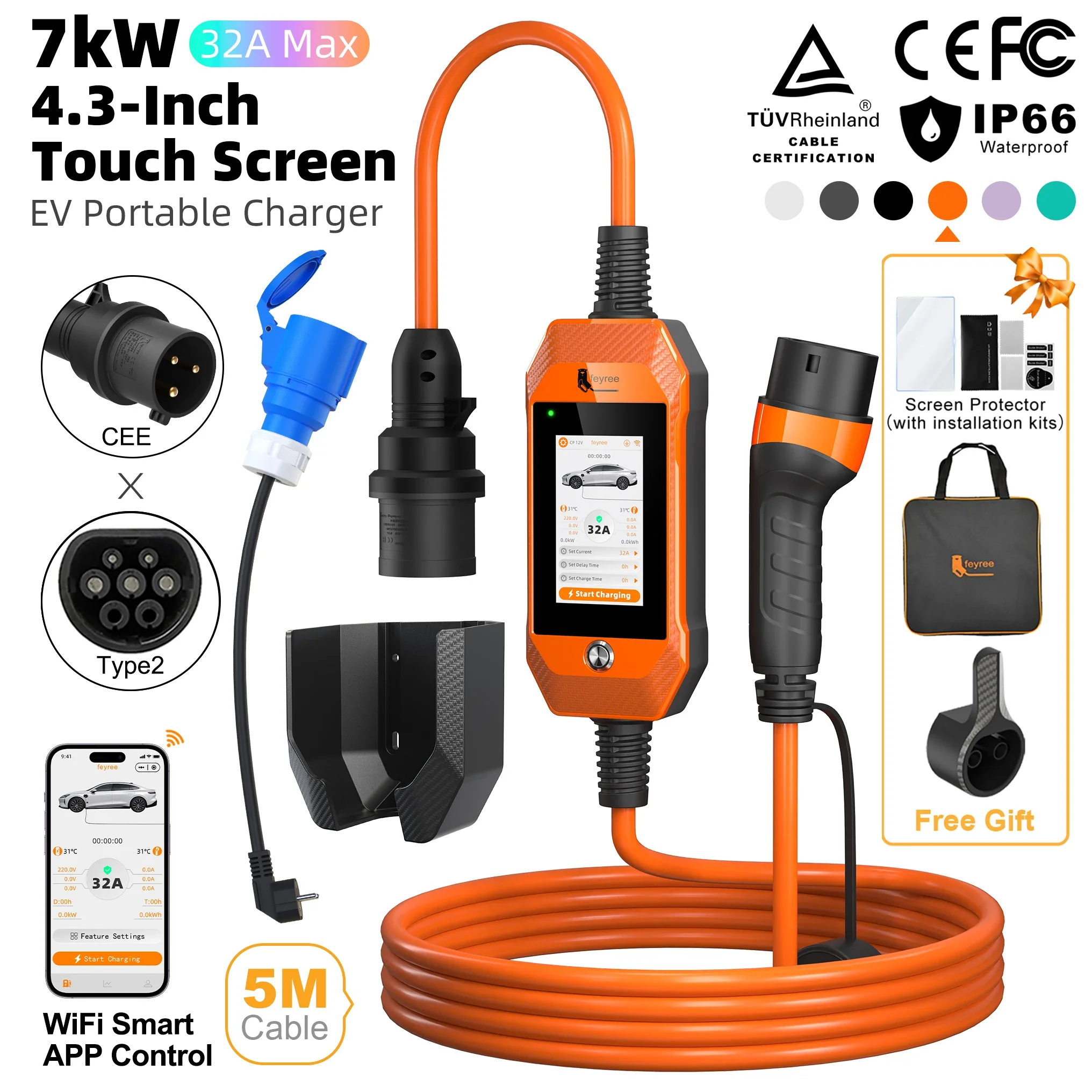 feyree 4.3 Inch 7kW Touch Screen Type2 Portable Charger 