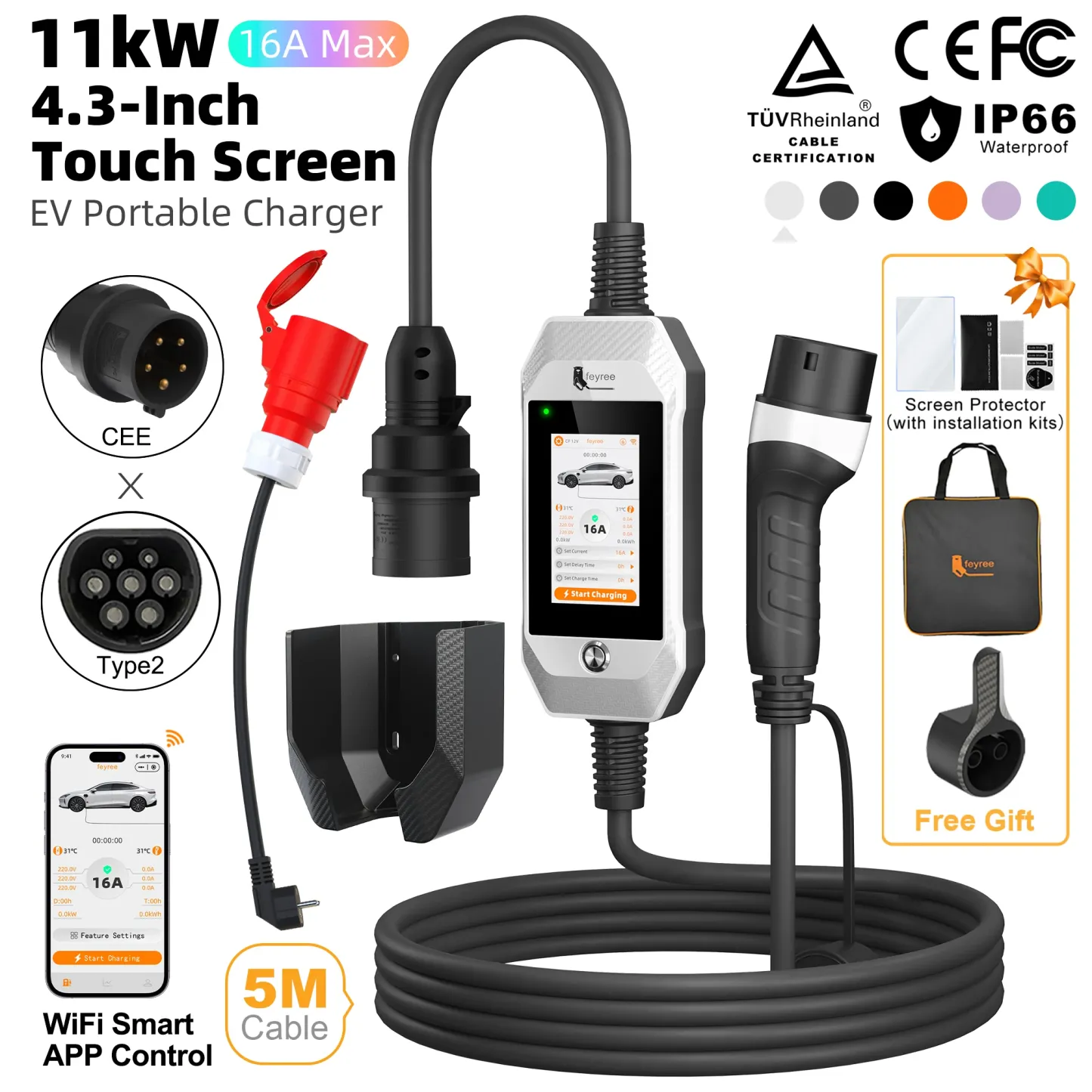 feyree Portable EV Charger 11kW 16A 3P Fast Charging Type2 Socket 4.3inch Touch Screen Design Smart WIFI APP Control AC Charger