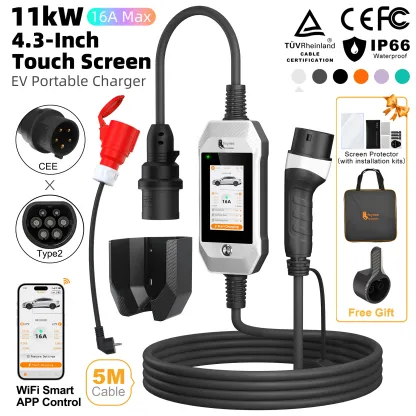 feyree Portable EV Charger 11kW 16A 3P Fast Charging Type2 Socket 4.3inch Touch Screen Design Smart WIFI APP Control AC Charger