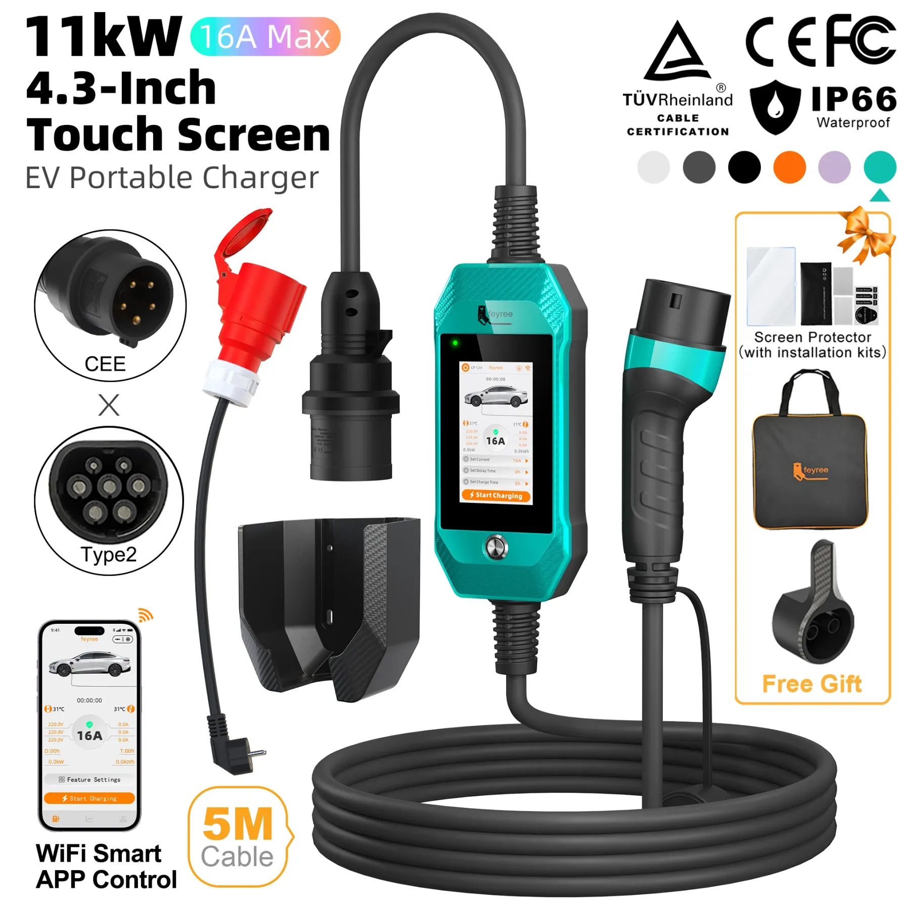 feyree Portable EV Charger 11kW 16A 3P Fast Charging Type2 Socket 4.3inch Touch Screen Design Smart WIFI APP Control AC Charger