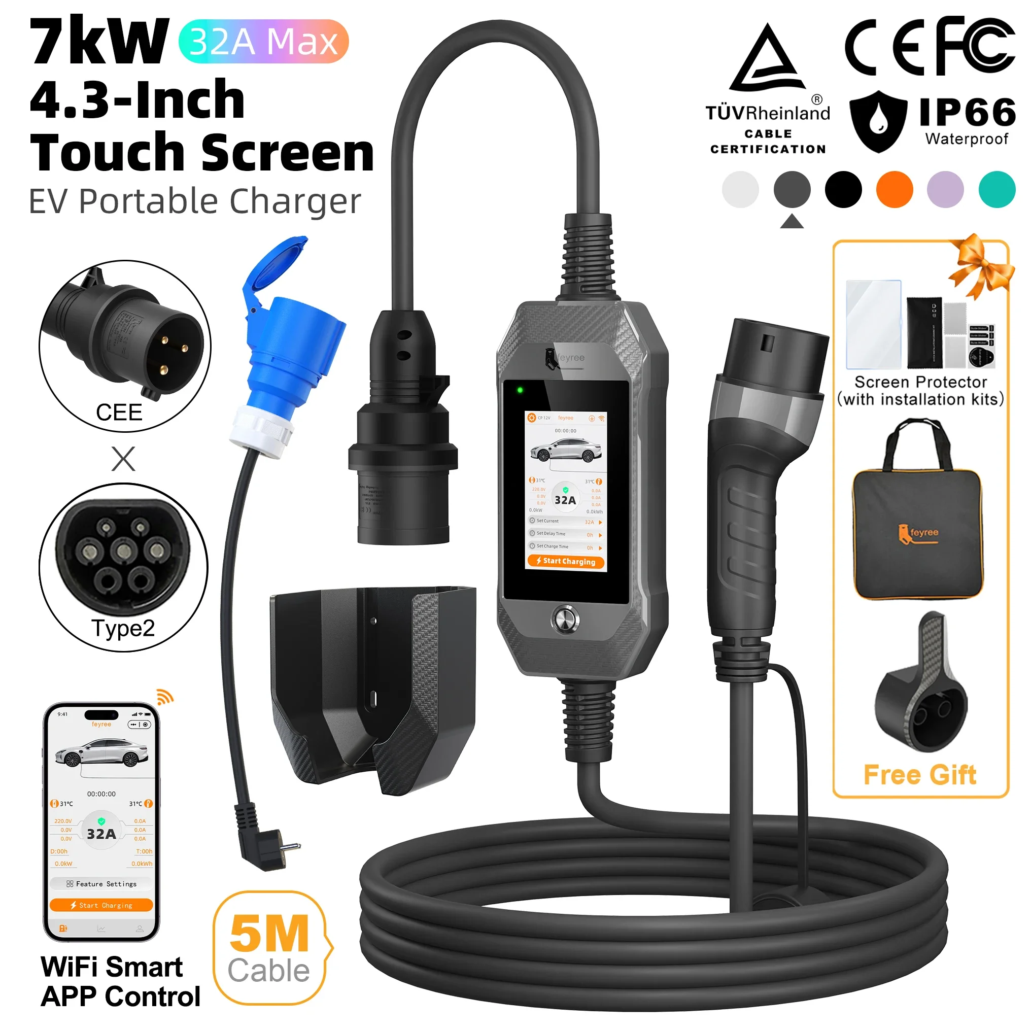 feyree 4.3 Inch 7kW Touch Screen Type2 Portable Charger 
