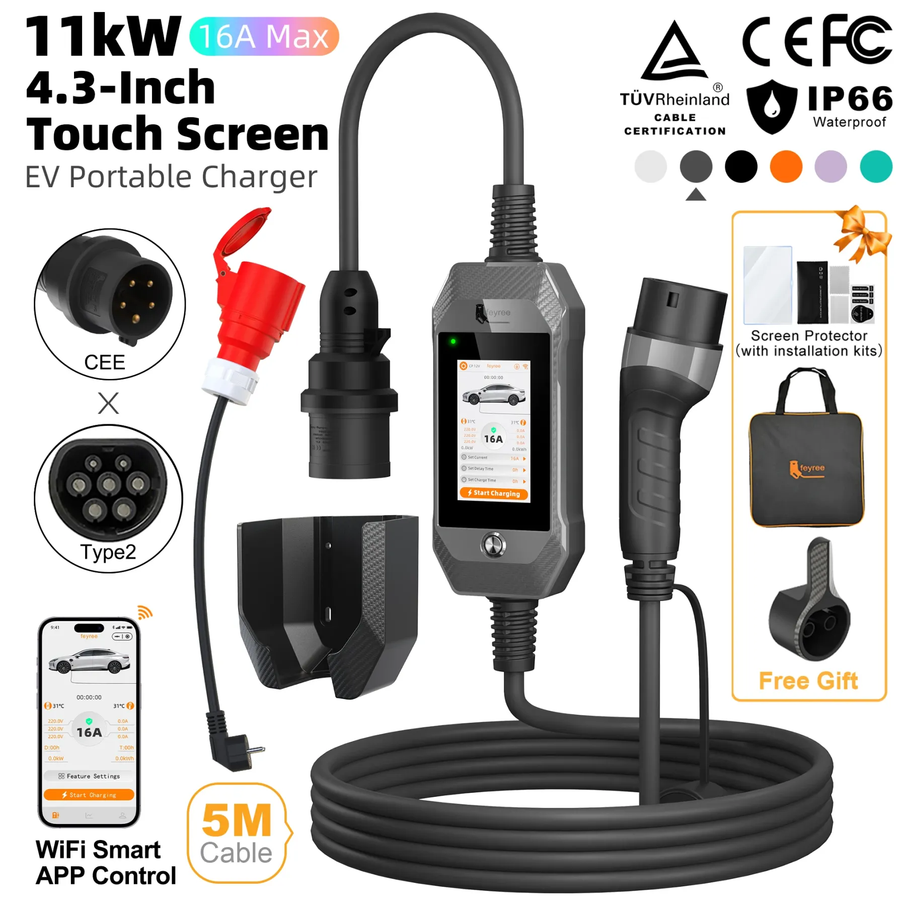 feyree Portable EV Charger 11kW 16A 3P Fast Charging Type2 Socket 4.3inch Touch Screen Design Smart WIFI APP Control AC Charger