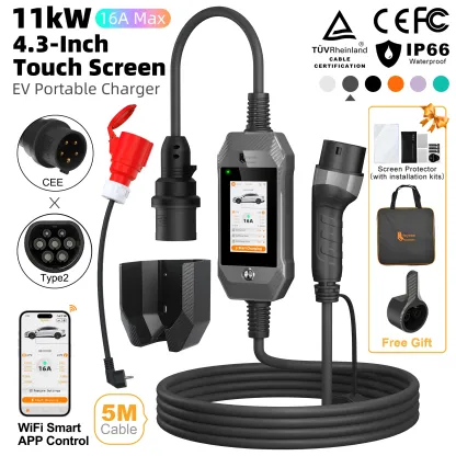 feyree Portable EV Charger 11kW 16A 3P Fast Charging Type2 Socket 4.3inch Touch Screen Design Smart WIFI APP Control AC Charger