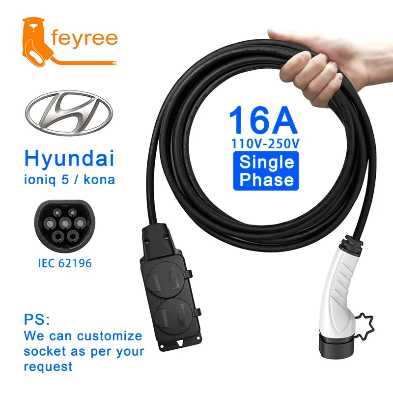 16A single phase portable EV charger, Type 2, compatible with Hyundai Ioniq 5 and Kona EVs.