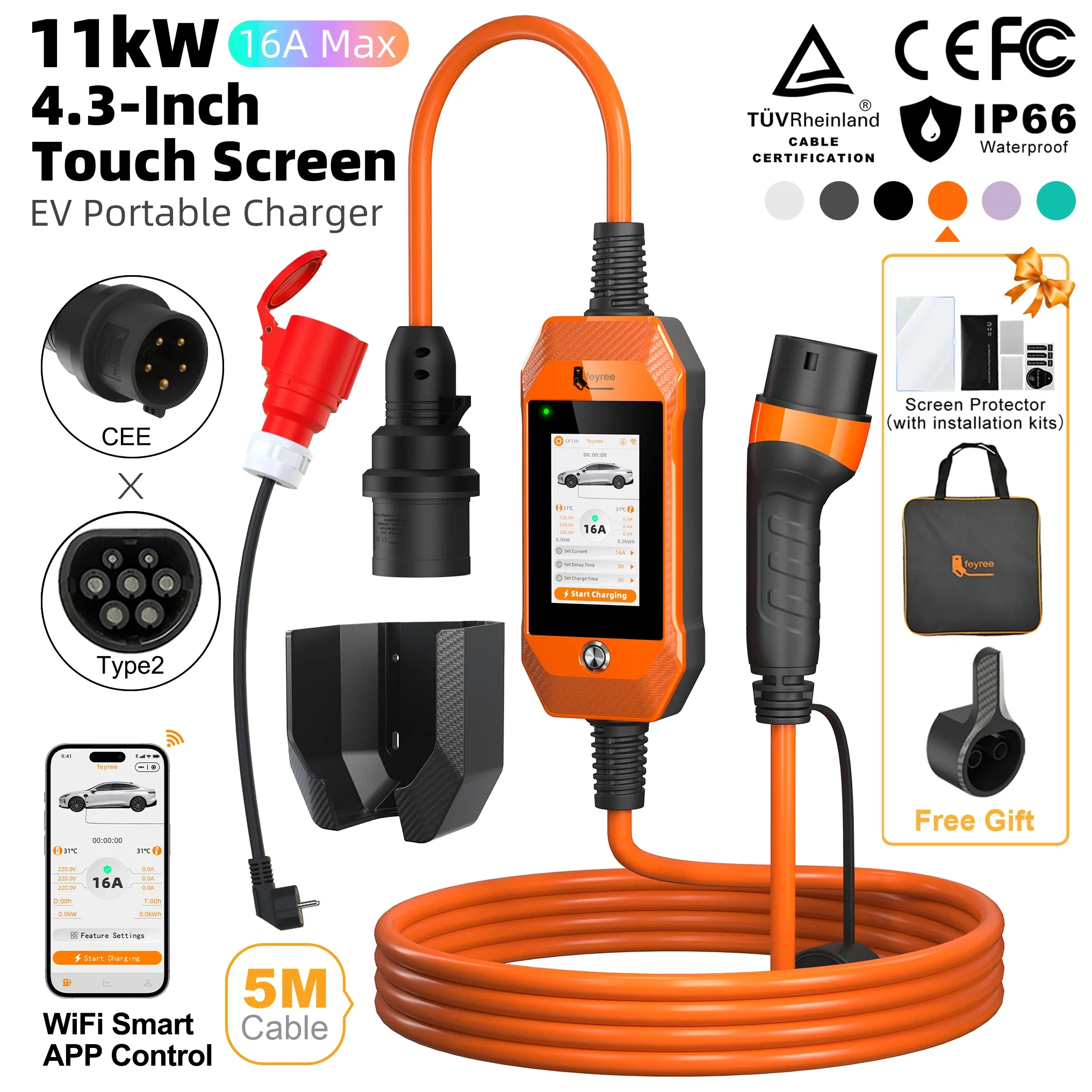 feyree Portable EV Charger 11kW 16A 3P Fast Charging Type2 Socket 4.3inch Touch Screen Design Smart WIFI APP Control AC Charger