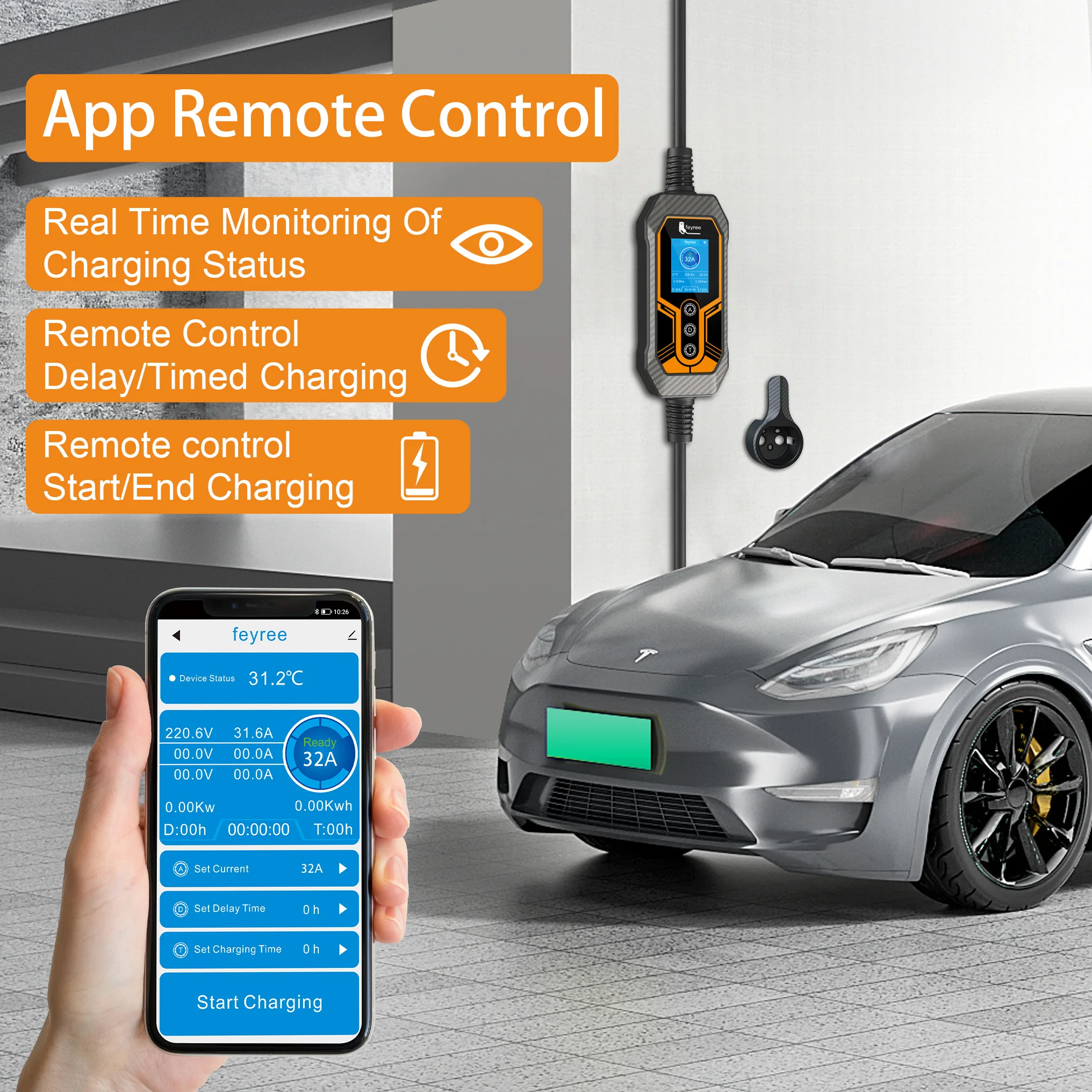  Safe portable EV charger with temperature control chip, preventing excessive heat and ensuring safe charging for your car.