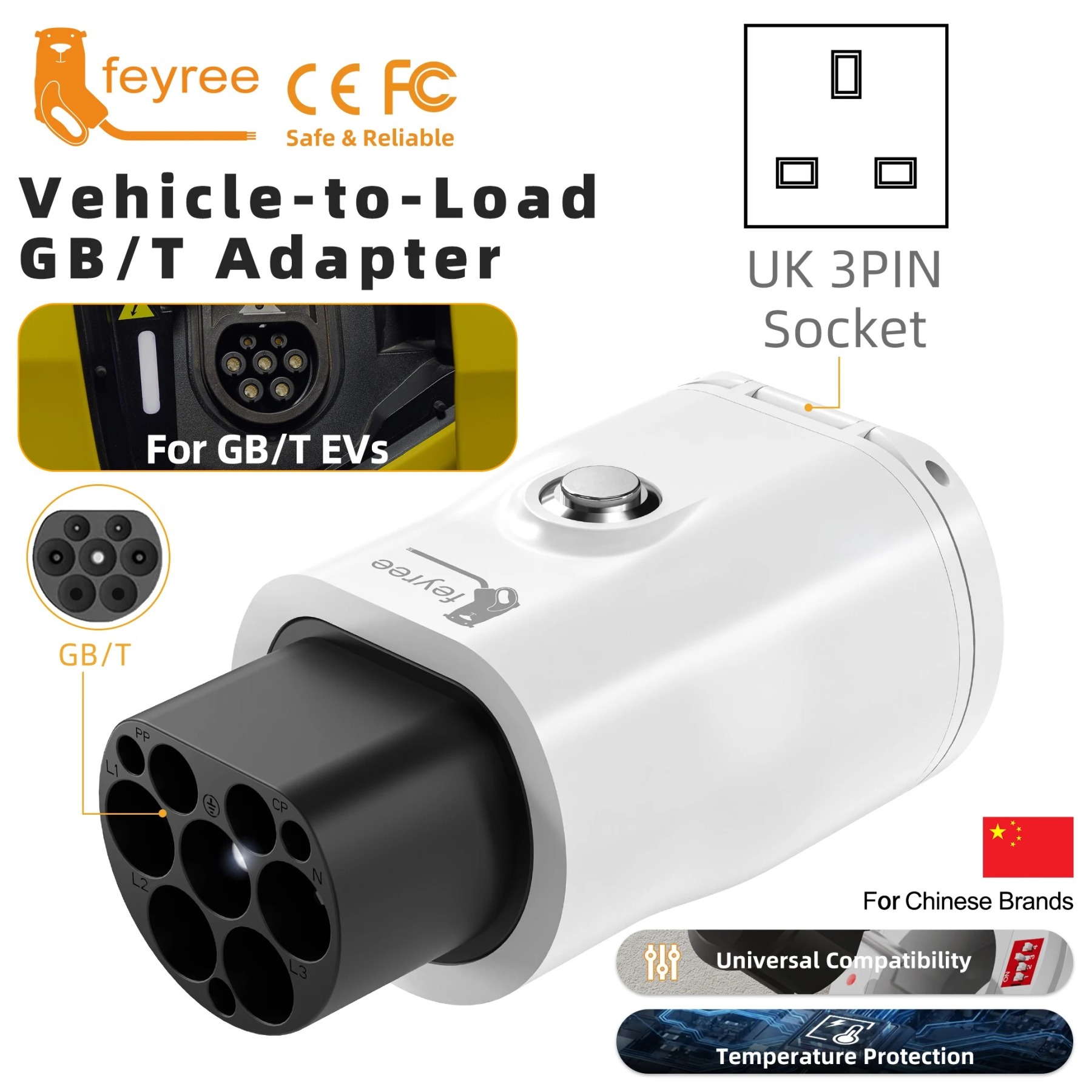 feyree GB/T EV Discharge Adapter with Temp Protection & Power Light - Adjustable Switch for Chinese EV Cars V2L for Camping Use