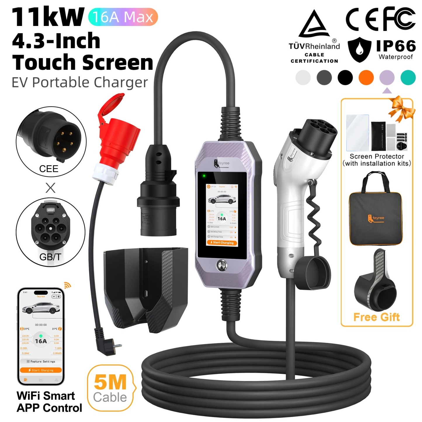 feyree EV Charger GB/T 11kW 16A 3P Car Charger 4.3inch TouchScreen Smart WIFI APP Control EVSE Charging Box with 6 Colors Option