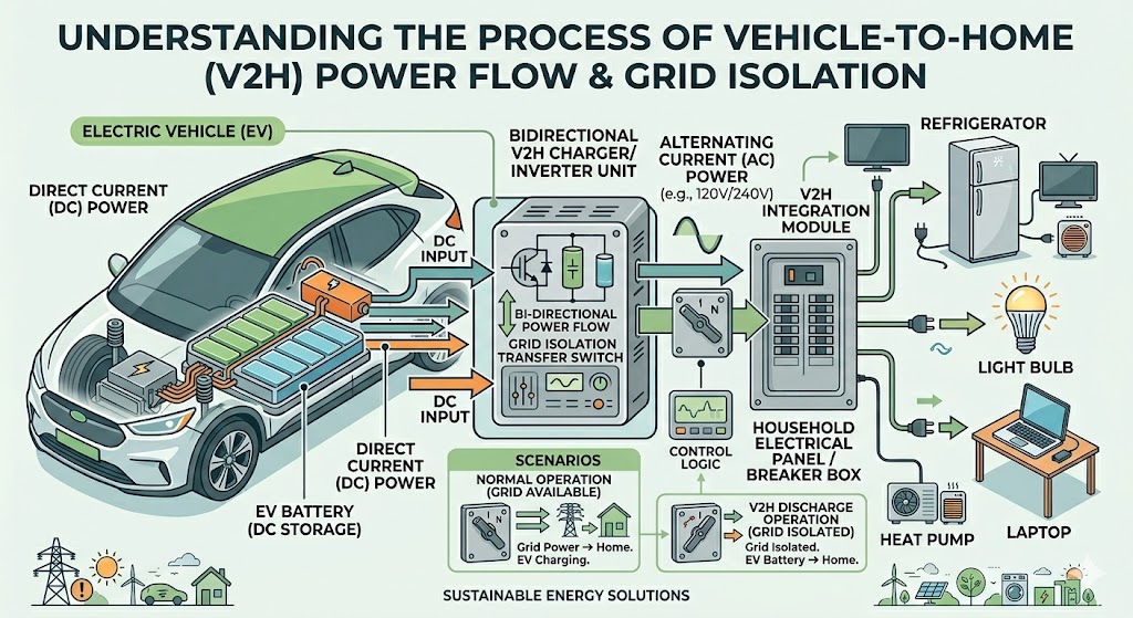 V2H diagram illustrating an EV connected to a home panel via a bidirectional charger and transfer switch for grid isolation.