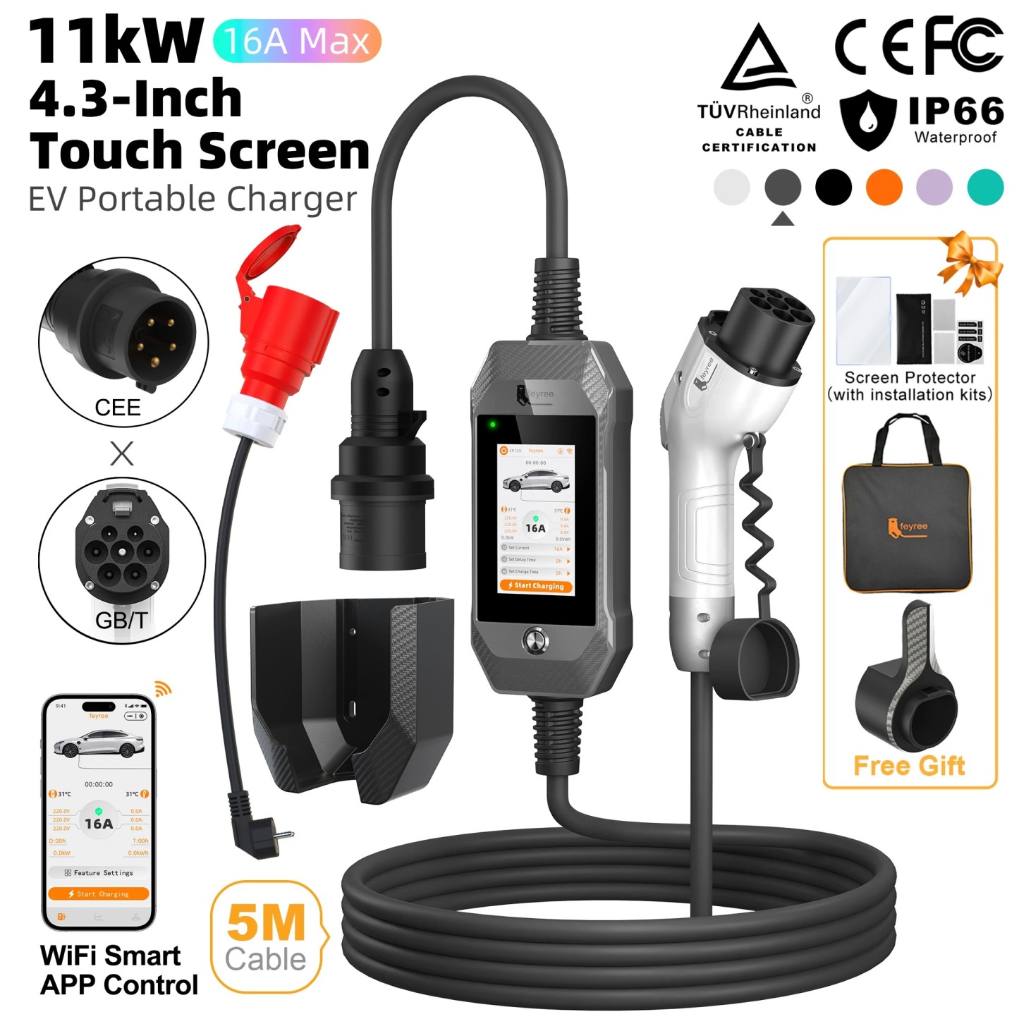 feyree EV Charger GB/T 11kW 16A 3P Car Charger 4.3inch TouchScreen Smart WIFI APP Control EVSE Charging Box with 6 Colors Option