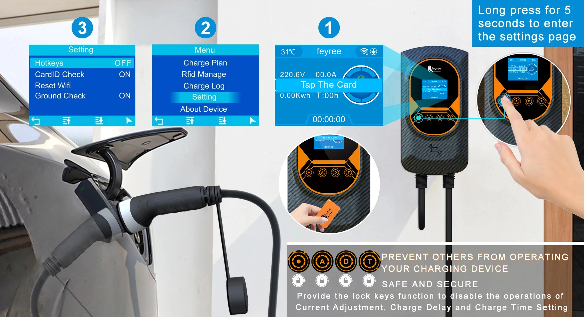 EV charger display interface with 7.6kW power rating, adjustable current options (8A–32A), real-time temperature, voltage, power, energy consumption, charging/delay time, and WiFi status indicators.