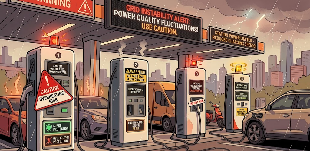 Illustration of an EV charging station in a storm, showing warning signs for grid instability issues like overvoltage and overheating.