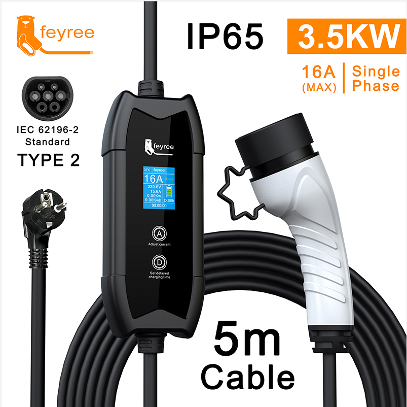 Feyree Portable EV Charger Type 2 16A 3.5kW Electric Car Charger 5m Charging Cable