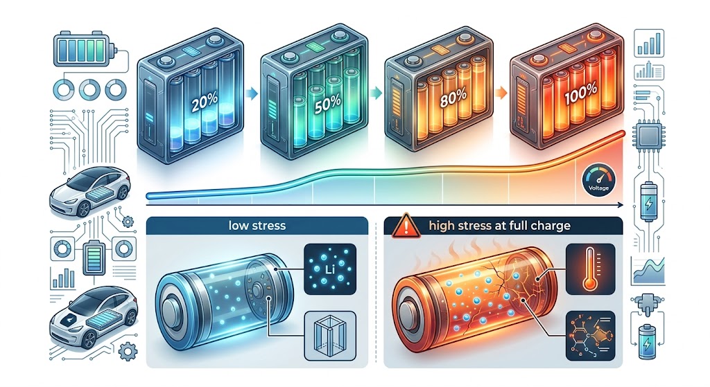 An educational infographic illustrating lithium-ion battery state-of-charge levels (20%, 50%, 80%, 100%) and a comparison between low-stress and high-stress cells at full charge.