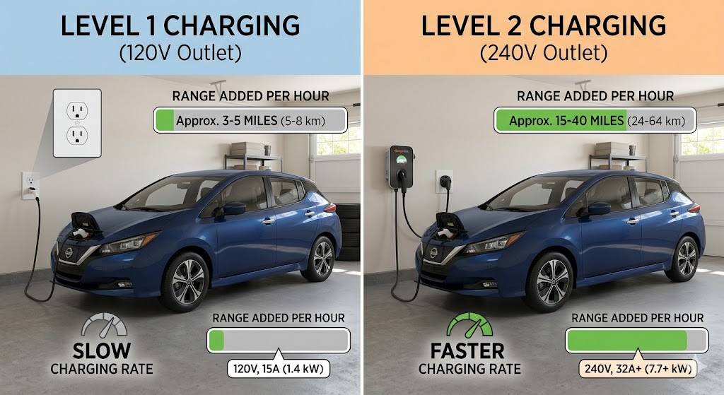 Side-by-side comparison of Level 1 (120V) and Level 2 (240V) EV charging speeds with range progress bars.