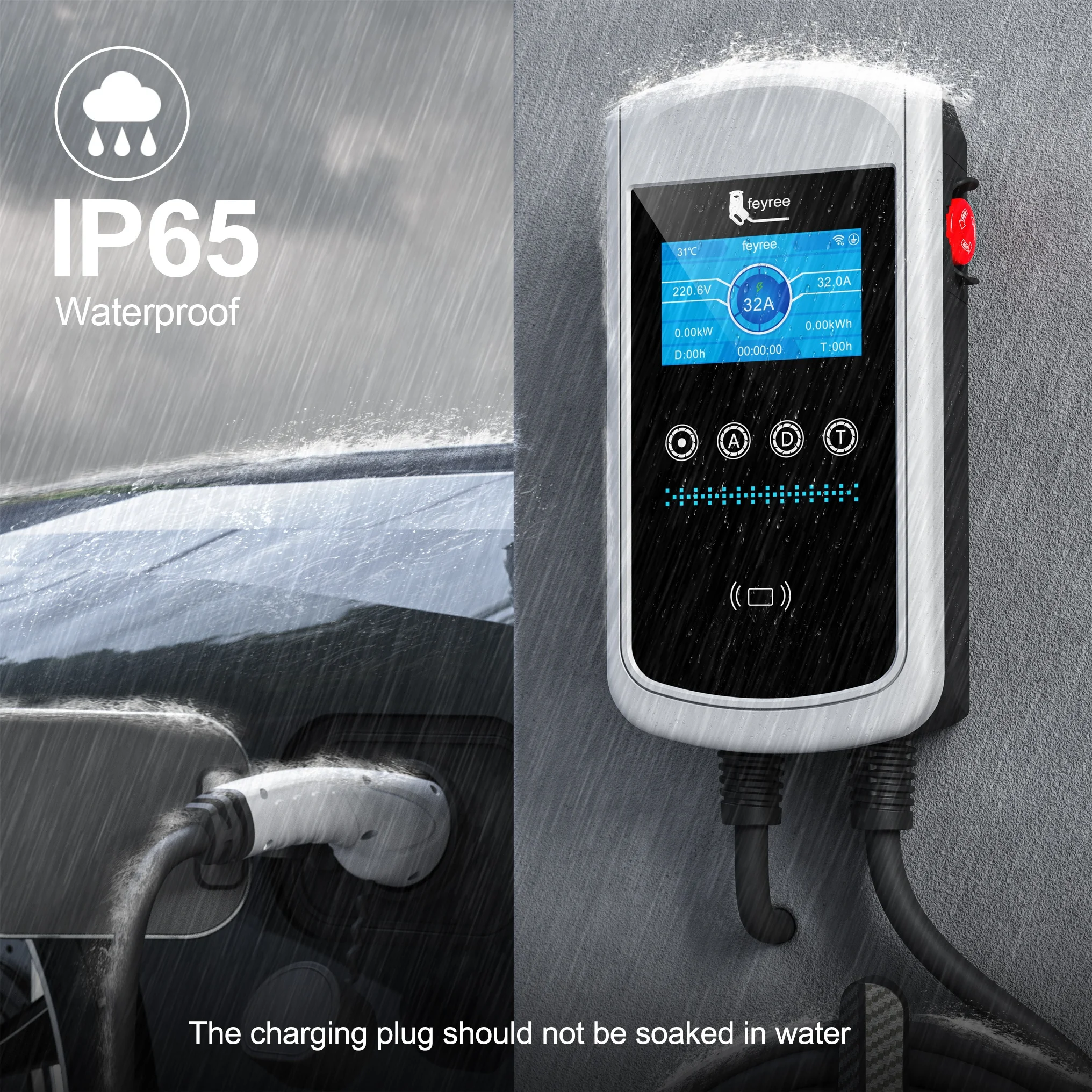 Fast 7.6kW, 11kW, or 22kW Type 2 EV wallbox with 4.3-inch touchscreen and smart APP control for safe and reliable home charging.