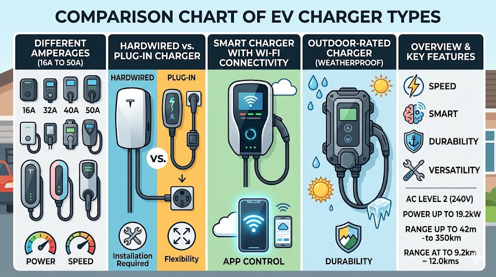 An infographic chart showing various EV chargers by amperage, smart features, and outdoor durability icons.