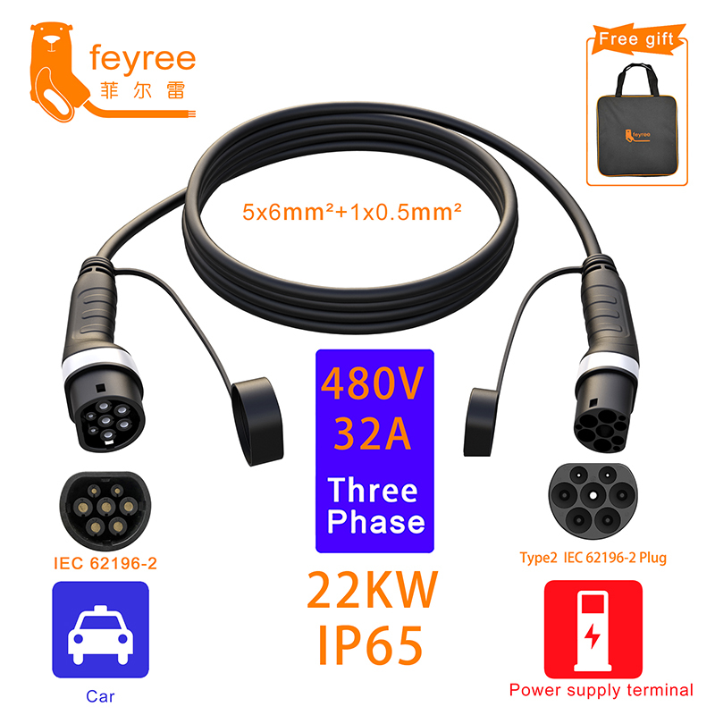 feyree EV Charger Type2 Charging Cable Female to Male Plug 32A 7KW 1Phase16A 11KW 3Phase 22KW Charger Station for Electric Car-feyree