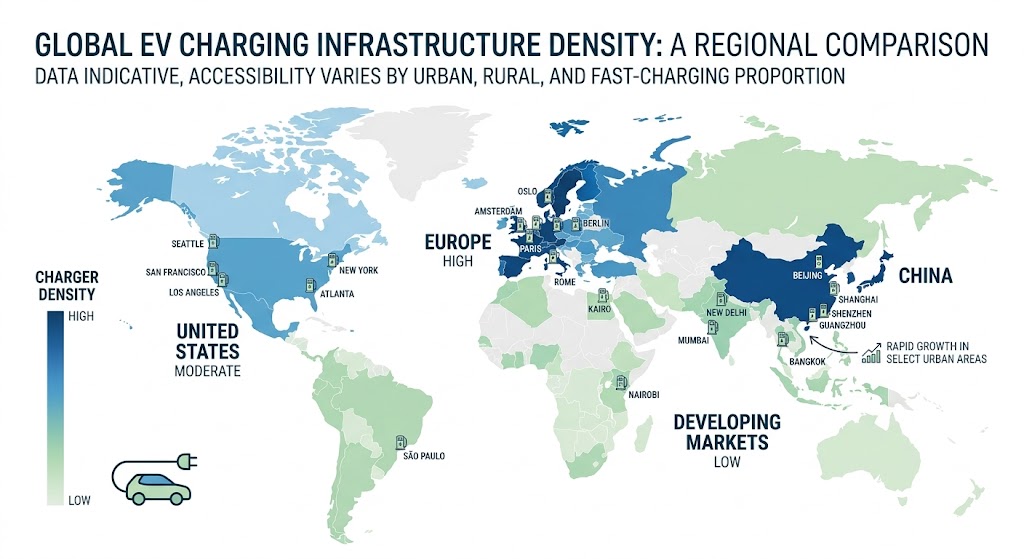 World map heatmap showing EV charging infrastructure density in the US, Europe, China, and beyond. 