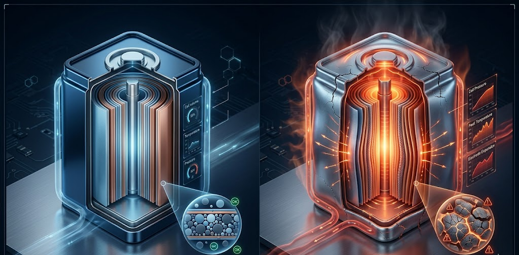 A side-by-side engineering comparison of a stable, cool battery cell versus a fully charged cell experiencing heat buildup, mechanical pressure, and structural cracking.