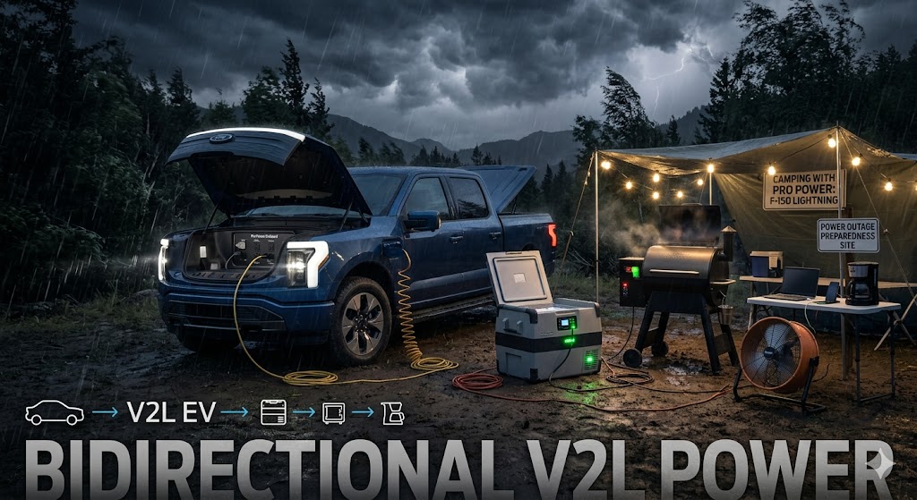 A Ford F-150 Lightning using V2L power for a grill, cooler, and lights during a stormy night camping trip or power outage.