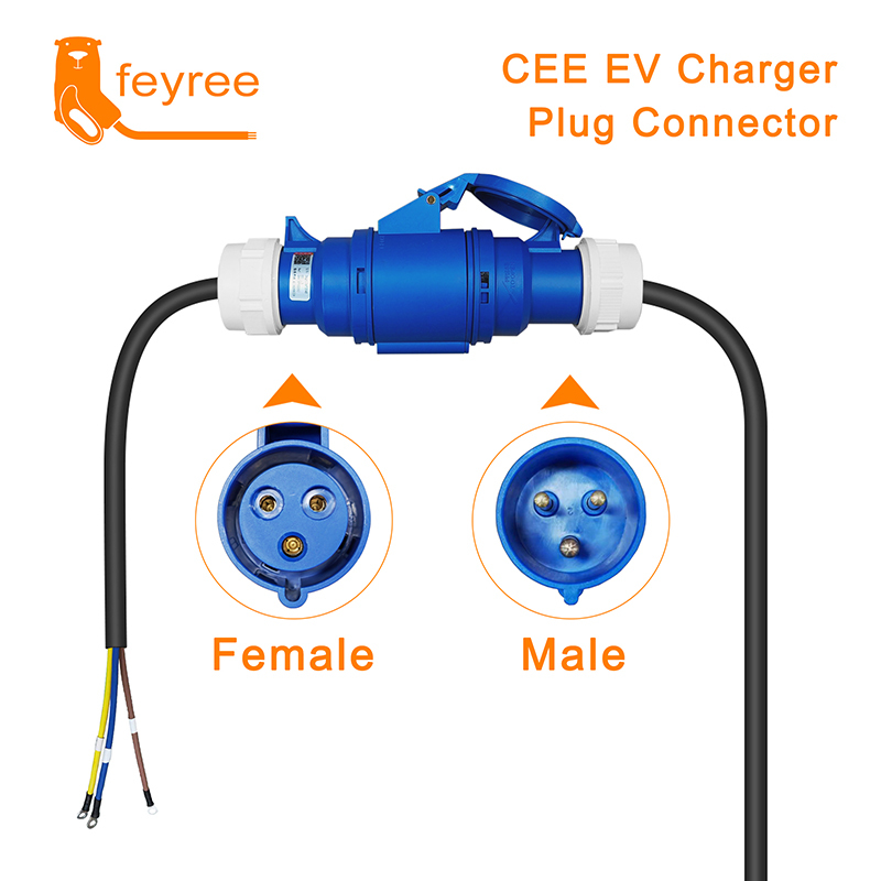 Durable blue CEE EV charger plug connector (male and female) for reliable, robust, and safe industrial charging conversion.