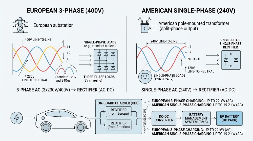Infographic comparing European 400V 3-phase and American 240V single-phase EV charging systems.