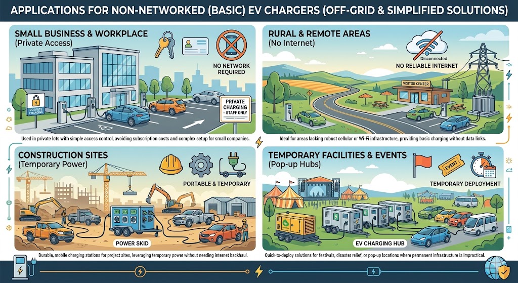 Four panels showing non-networked EV chargers at small businesses, rural sites, and construction zones.