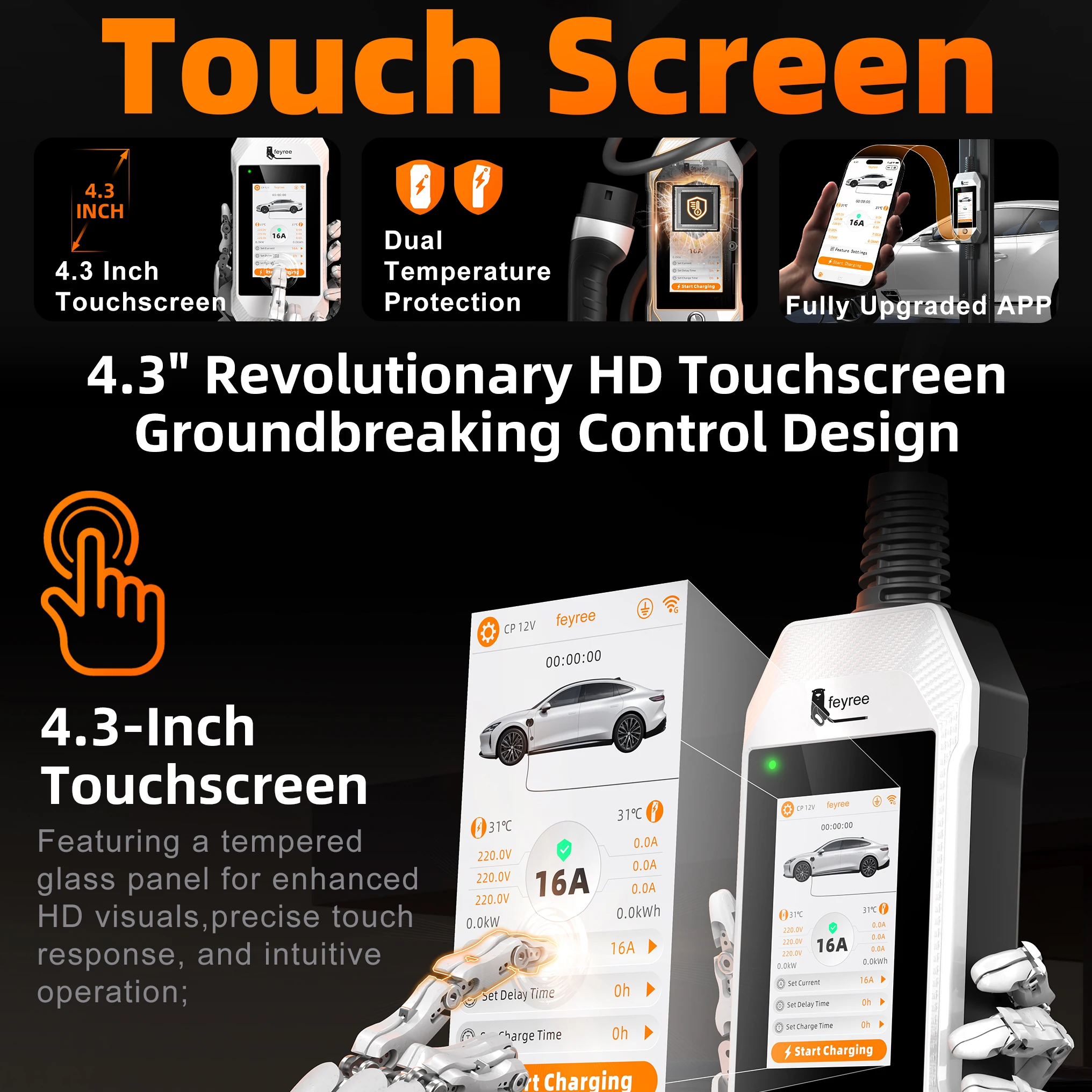 4.3-inch HD touchscreen portable EV charger with dual temperature protection, featuring an intuitive APP for smart, safe control.