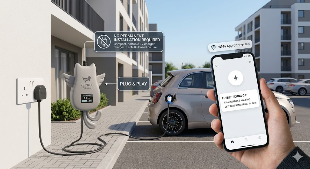 Feyree Flying Cat portable EV charger plugged into a wall outlet, shown with a smartphone app interface.