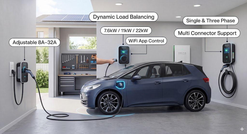 Feyree Draco EV-Pro dual-outlet wallbox charging a Volkswagen and a Tesla side-by-side in a garage.