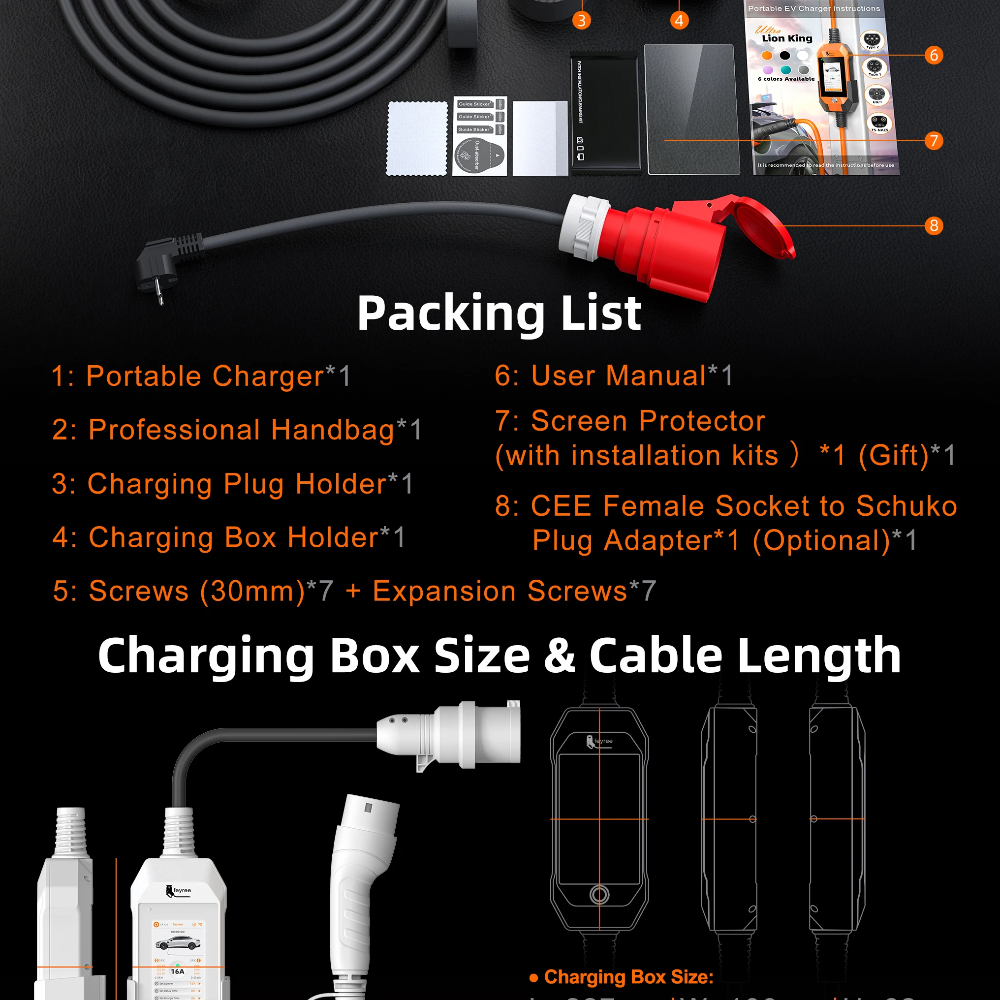 Portable EV charger kit packing list image detailing components including the charger, handbag, mounting accessories, screen protector, and CEE to Schuko adapter.