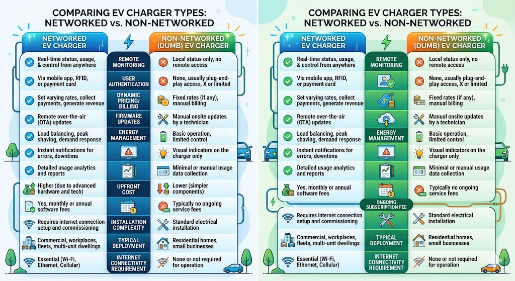 Side-by-side table comparing networked vs non-networked EV chargers across 12 feature categories.
