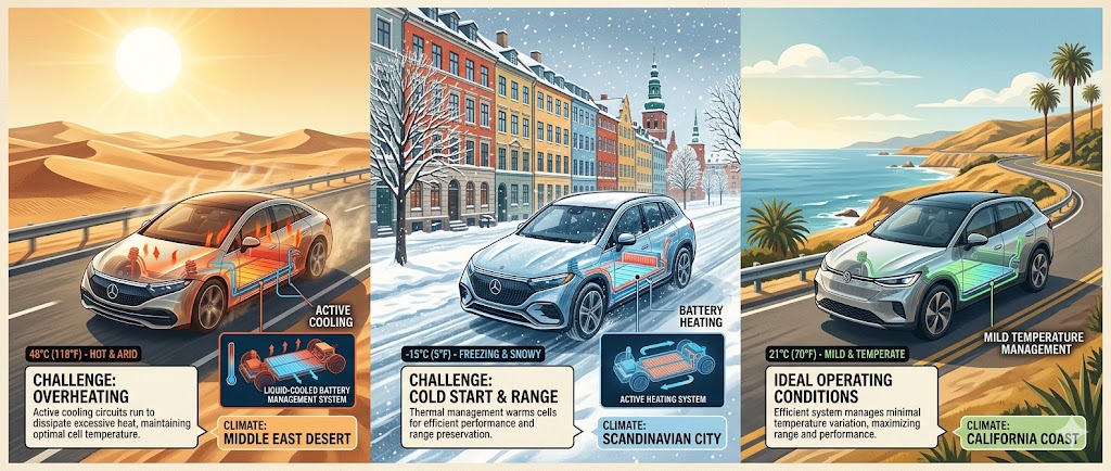 A global climate comparison scene featuring electric vehicles operating in three extreme environments