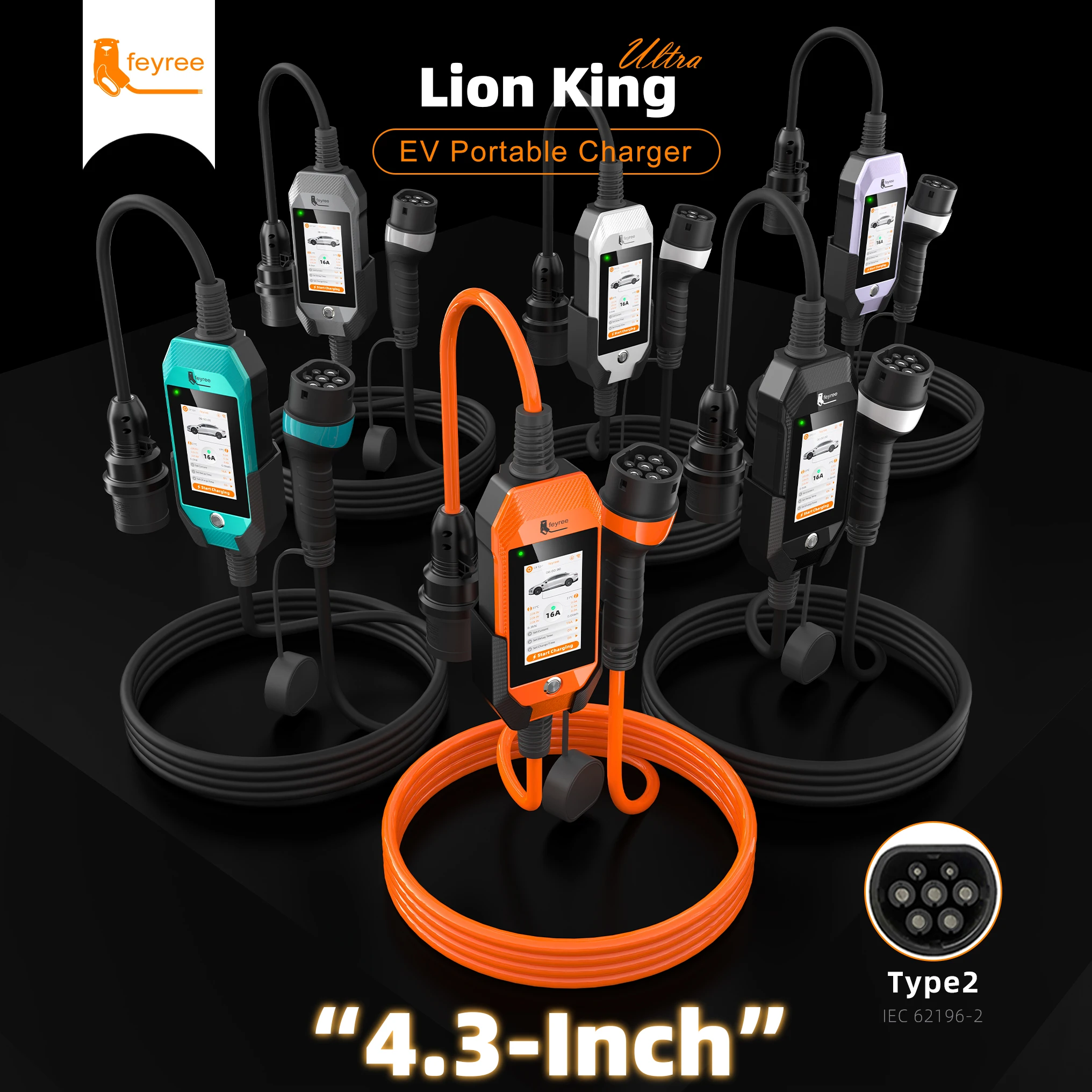 Portable EV charger with Type 2 plug and 4.3-inch display, available in multiple colors for reliable home and travel charging.