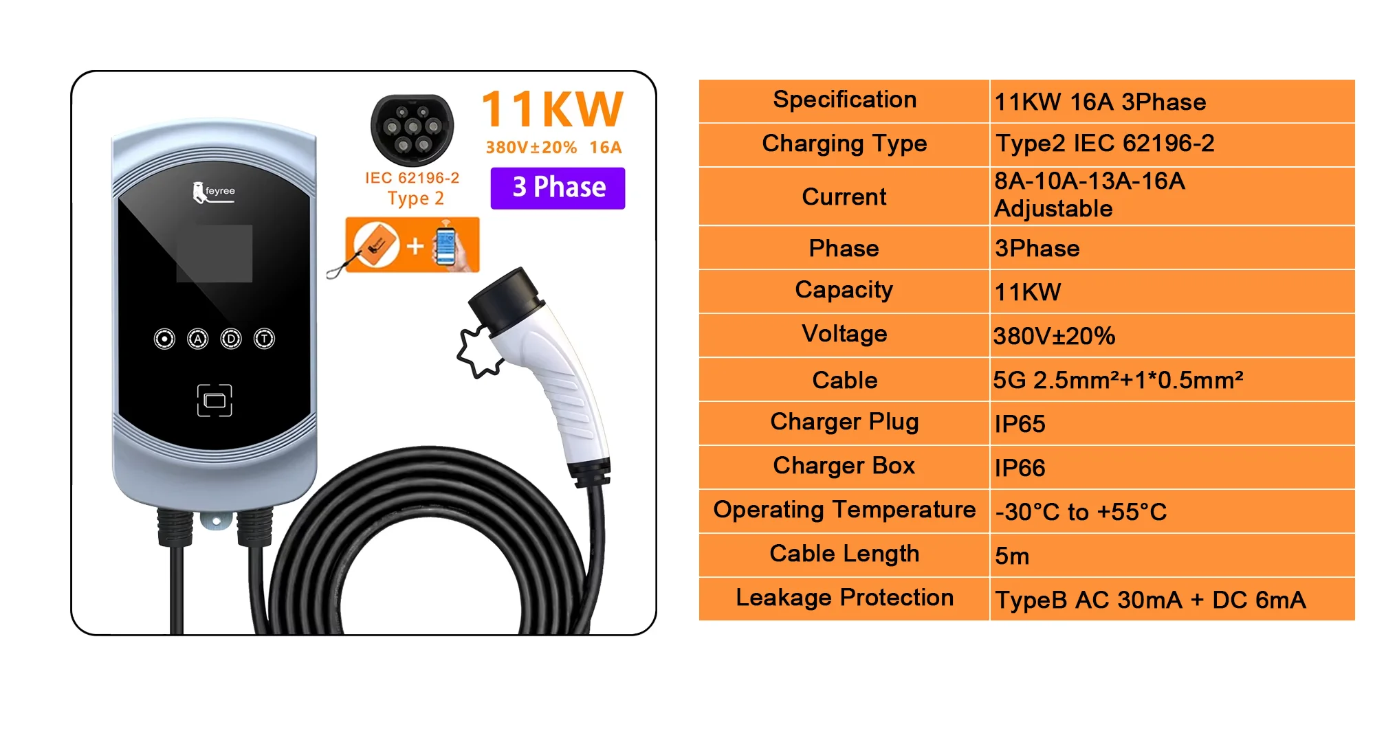 High-power 11kW 3-Phase Type 2 EV wallbox with 5m cable for ultra-fast and secure home charging.