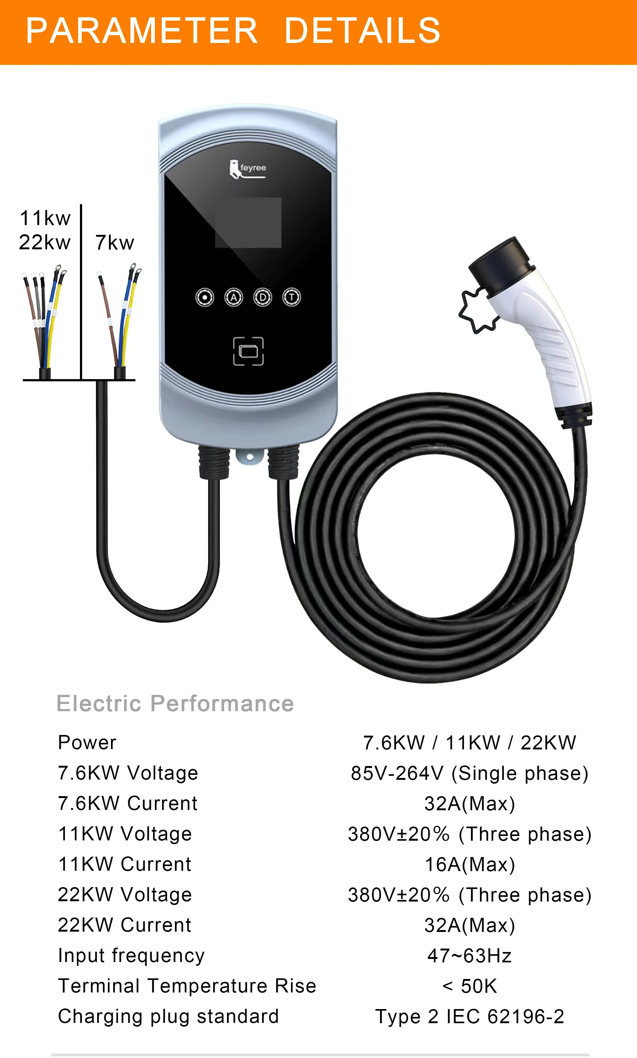 Powerful Type 2 EV wallbox with adjustable current and delay/time settings for flexible, cost-effective home charging.