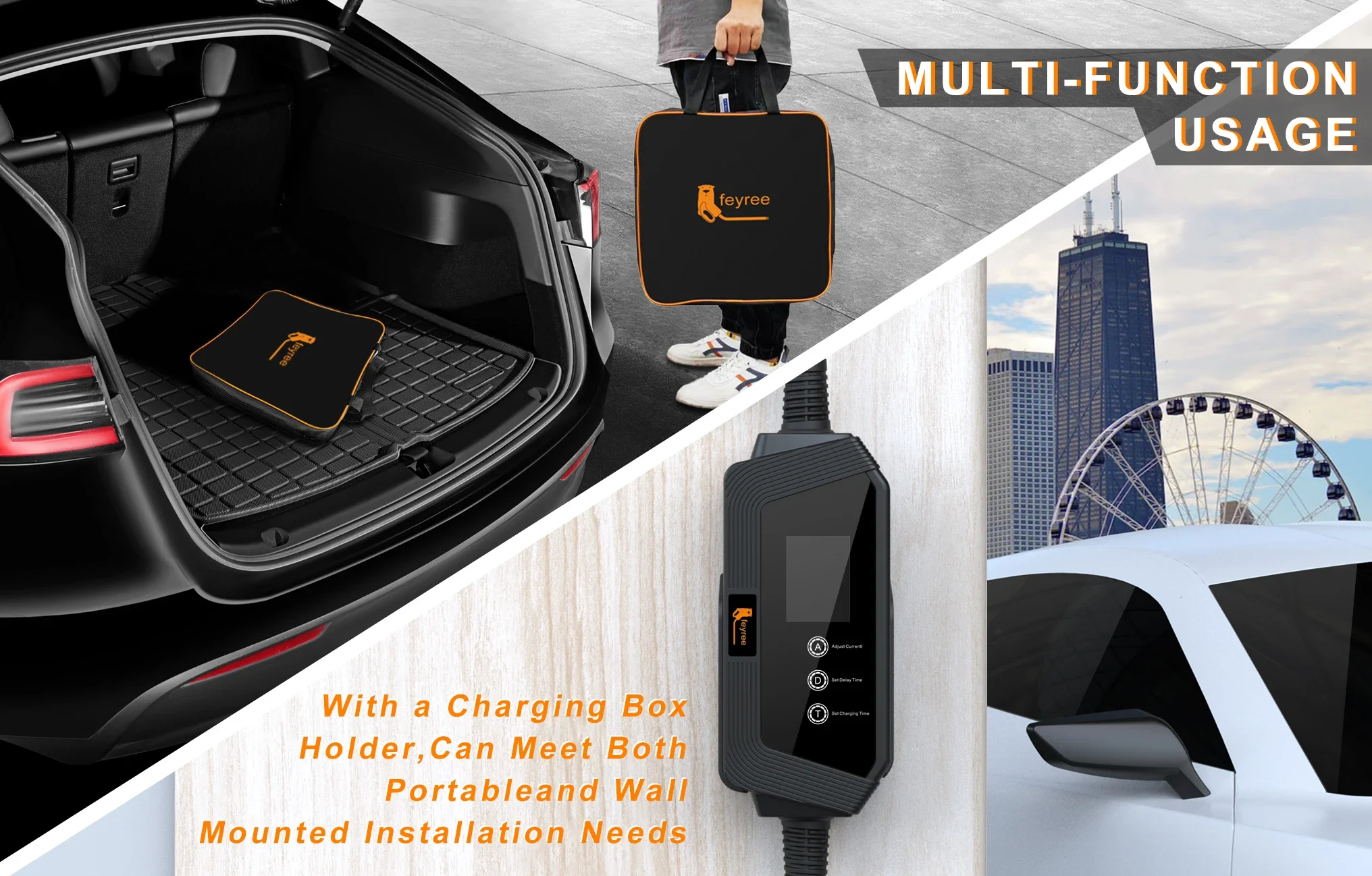 Portable EV charger with carrying case for trunk storage or wall mounted installation options