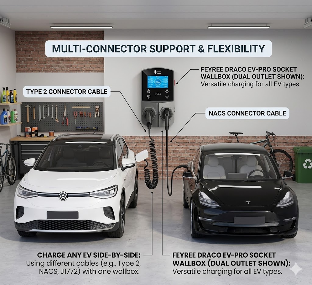 EV charging setup with Voltix wallboxes, highlighting dynamic load balancing and app control features.