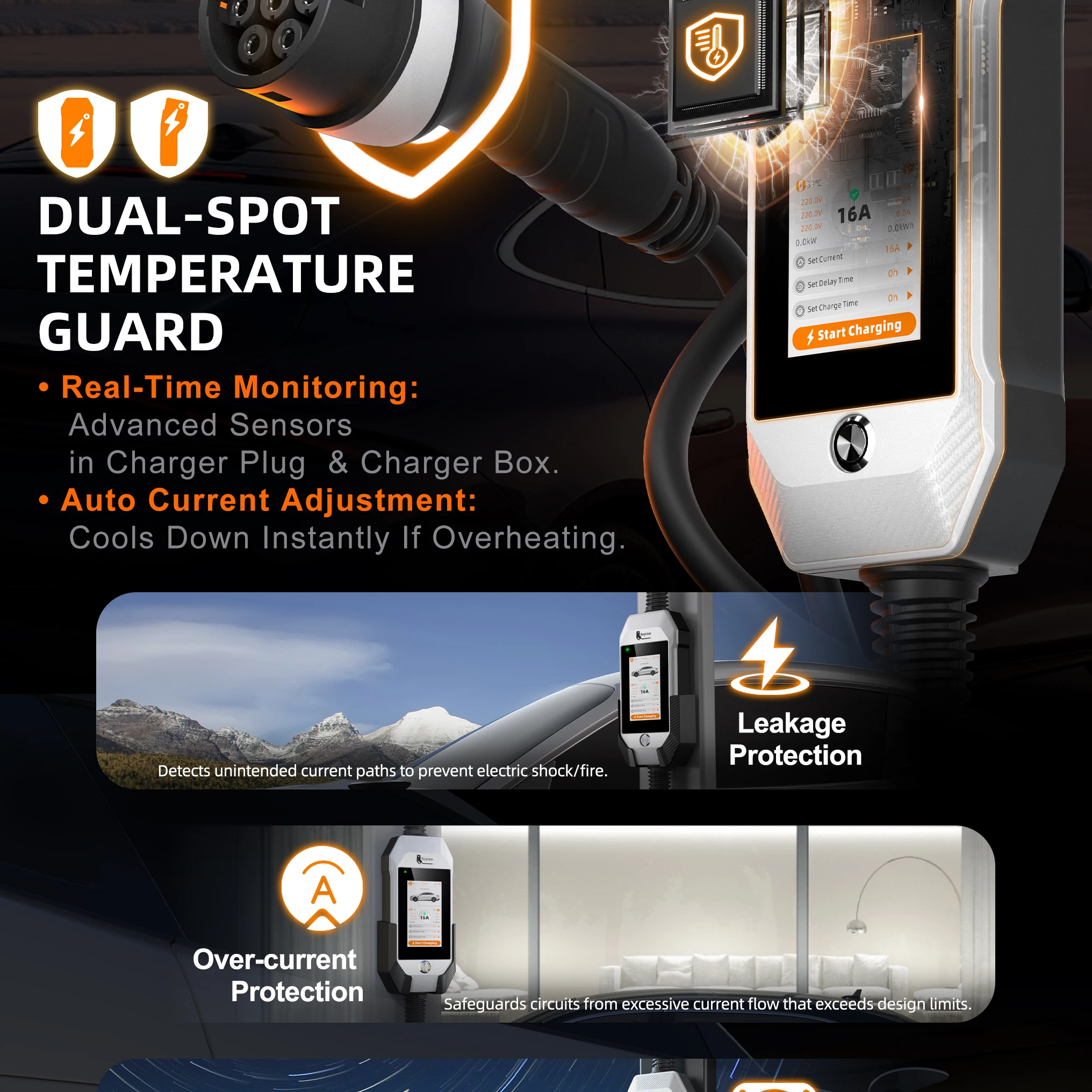 Portable EV charger featuring Dual-Spot Temperature Guard with real-time monitoring, auto current adjustment, leakage, and over-current protection for ultimate safety.