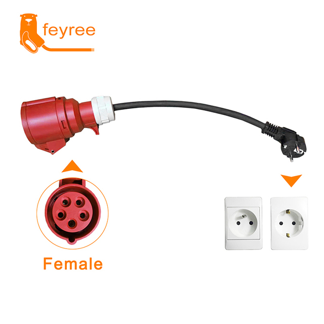 Red CEE female to Schuko plug adapter cable for connecting EV chargers to standard household 220V sockets safely.