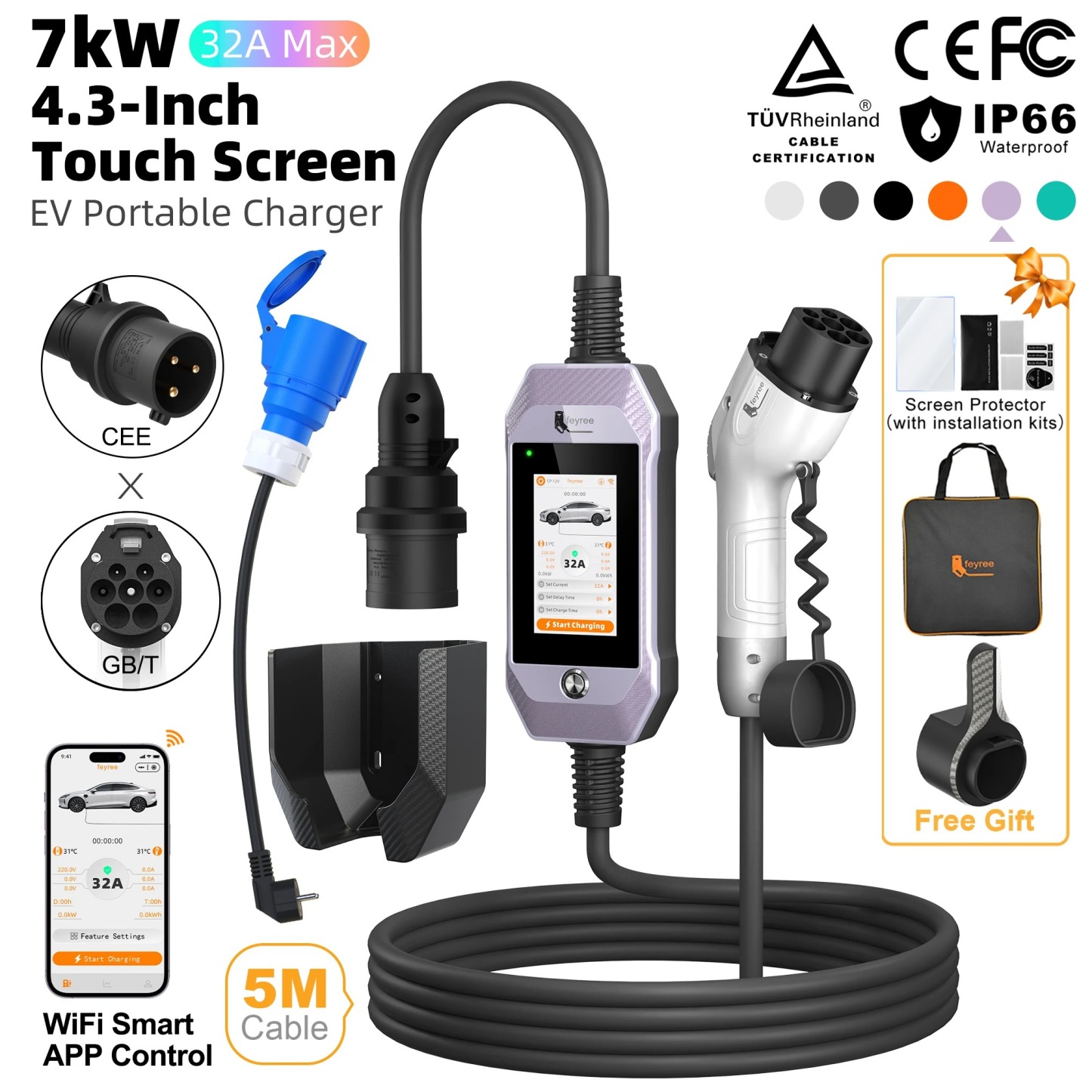 feyree GB/T EV Charger 7kW 32A 1P Touch Screen 4.3inch Smart WIFI APP Control EVSE Portable Charging Box forElectric Car Charger