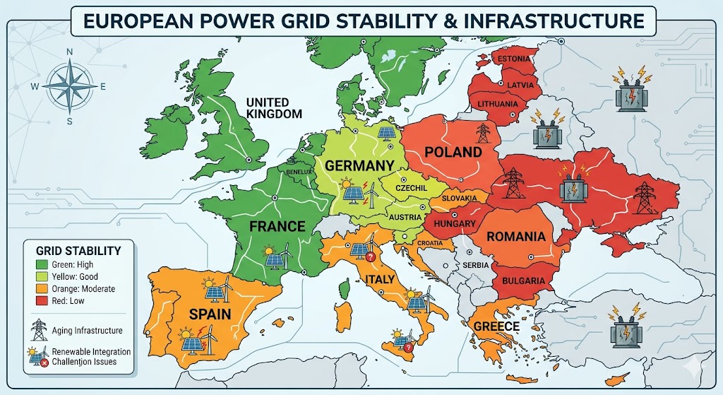 A color-coded map of Europe showing regional grid stability, highlighting aging infrastructure in the East and renewable challenges in the South.