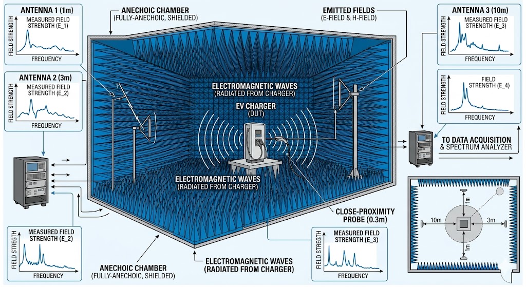 EMC testing in an anechoic chamber with an EV charger and antennas measuring radiating fields.