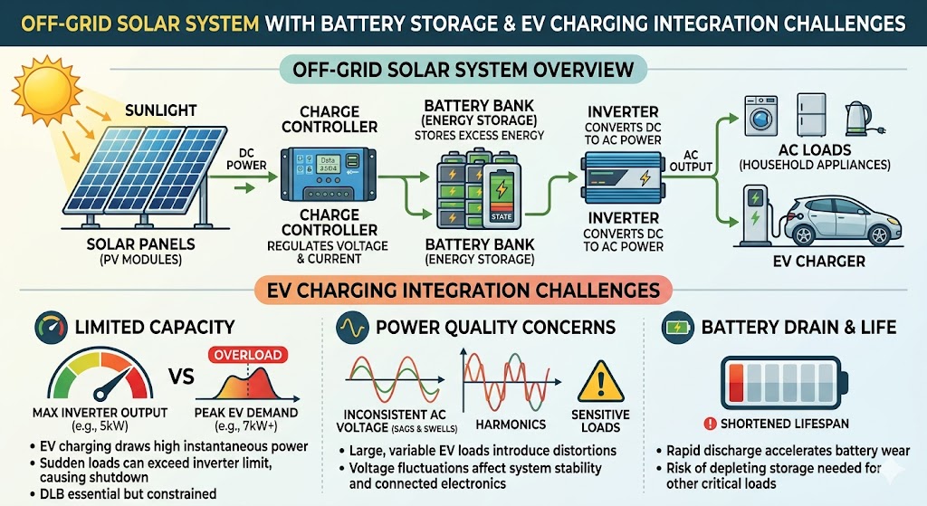 Off-grid solar infographic detailing battery storage and power quality challenges in EV charging.