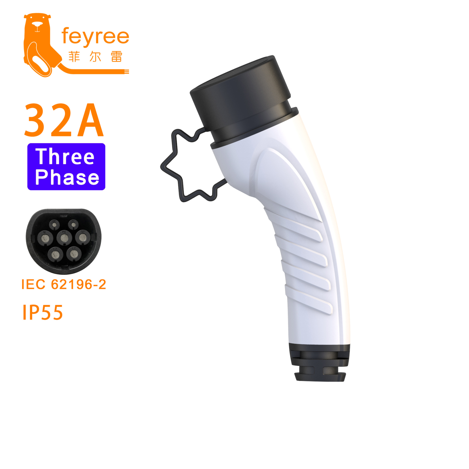 
High-performance feyree Type 2 EV charging plug, 32A Three Phase, IEC 62196-2, with IP55 rating for safe, high-speed commercial or home charging.