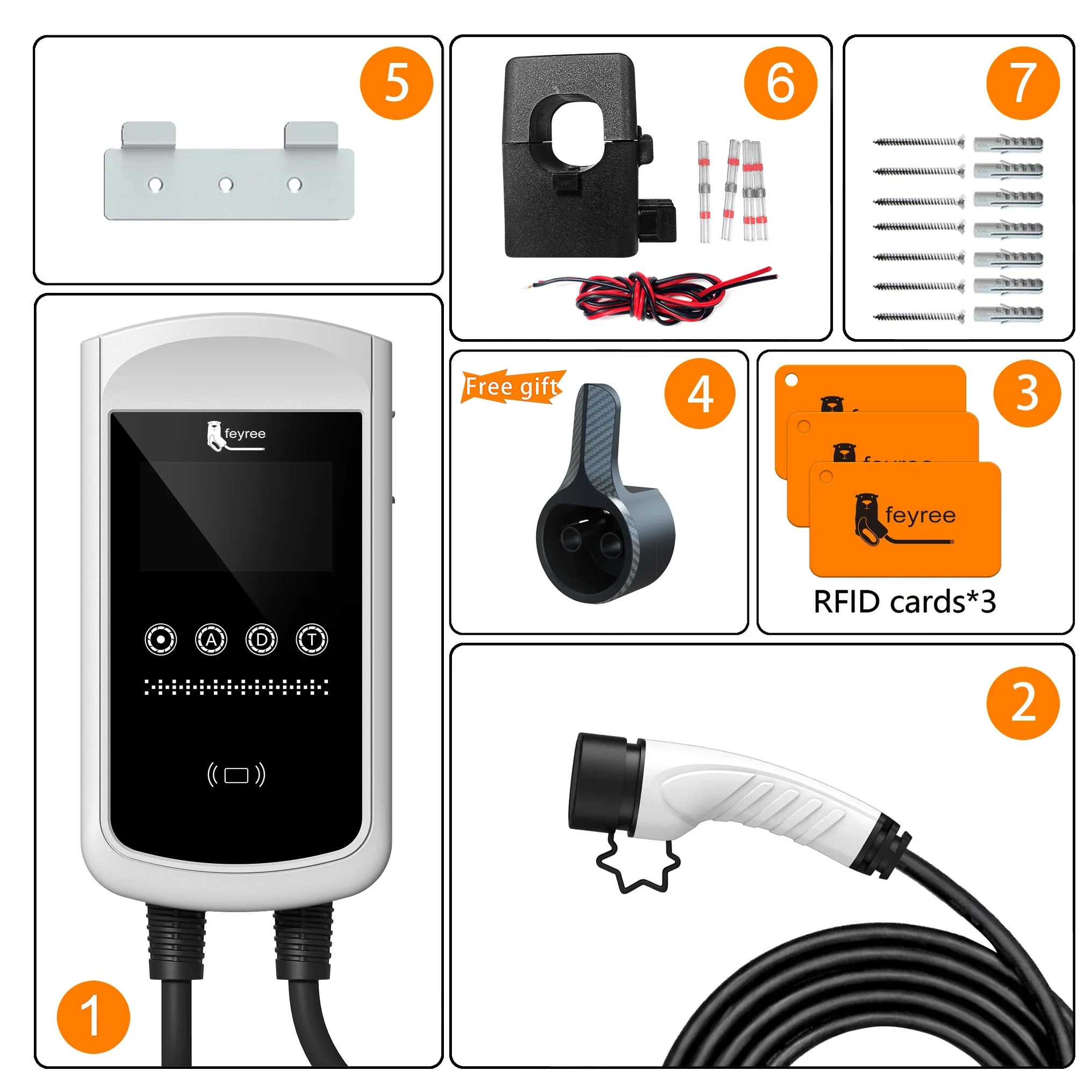 Type 2 EV portable charger with 4.3-inch color touchscreen and dual temperature protection for charging safety and ease of use.
